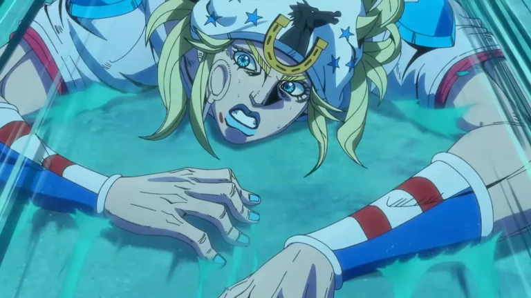 Captura del adelanto de la segunda etapa de Steel Ball Run. En ella se puede ver a Johny Joestar deslizándose en la arena.