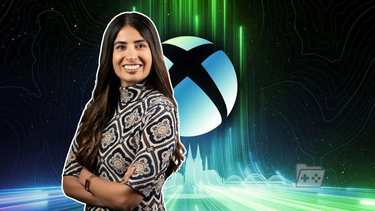 Foto de Asha Sharma sobre un fondo conceptual de Xbox