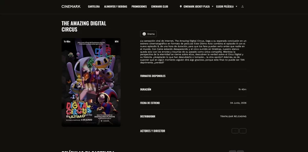 Captura de la web de Cinemark Perú que listaba una película para el final de The Amazing Digital Circus.