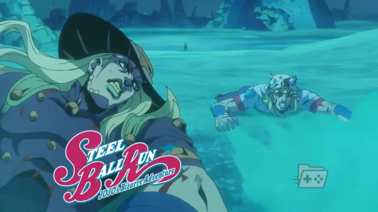 Captura del tráiler de la segunda etapa de Steel Ball Run en la que se puede ver a Gyro Zeppeli a la izquierda y Johnny Joestar a la derecha.