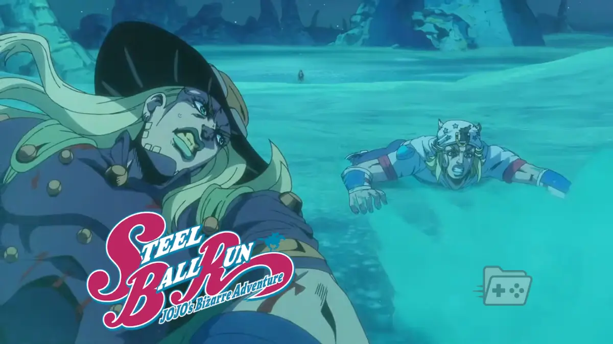 Captura del tráiler de la segunda etapa de Steel Ball Run en la que se puede ver a Gyro Zeppeli a la izquierda y Johnny Joestar a la derecha.