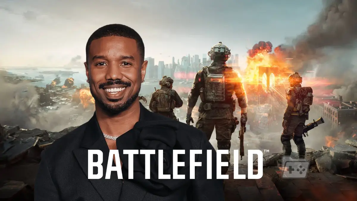 Imagen promocional de Battlefield con una fotografía de Michael B Jordan encima