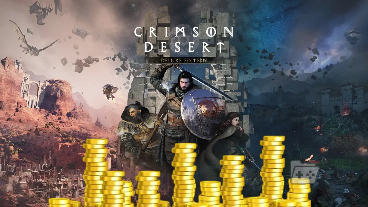 Imagen promocional de Crimson Desert con una edición de monedas encima para representar el supuesto bono que dieron a sus trabajadores