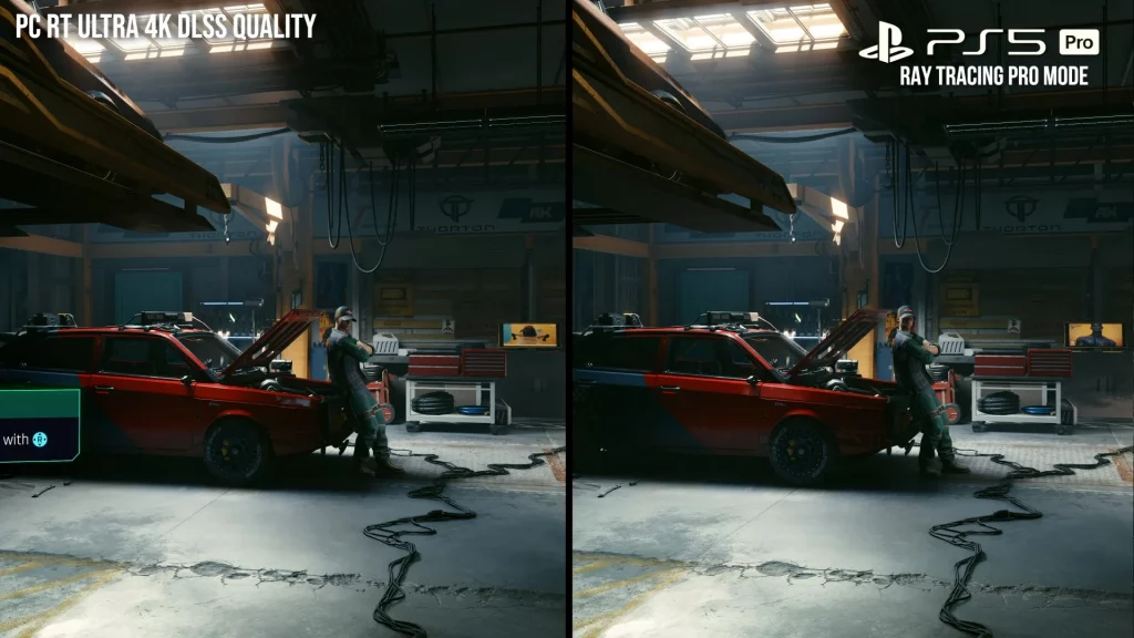 Captura de Digital Foundry que compara las versiones de Cyberpunk 2077 en PC y PS5 Pro.