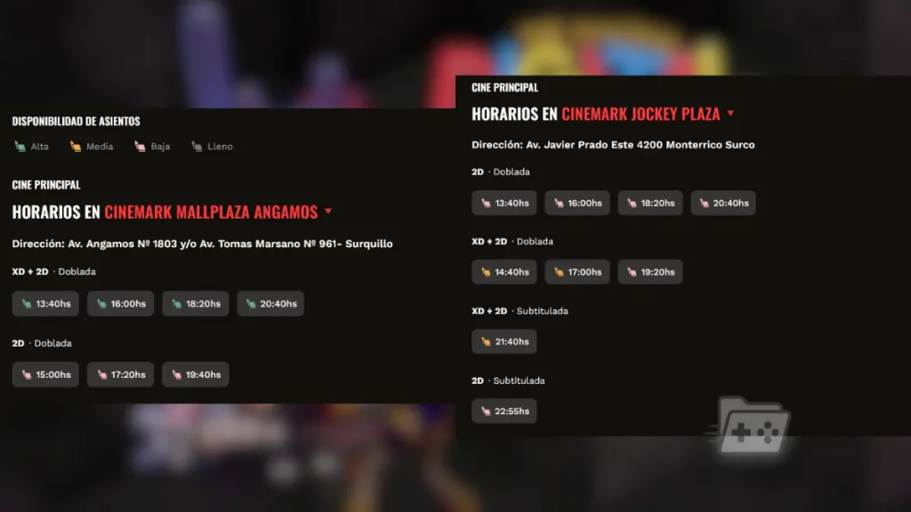 Capturas de pantalla de la web de Cinemark Perú con mayor información sobre las funciones de TADC