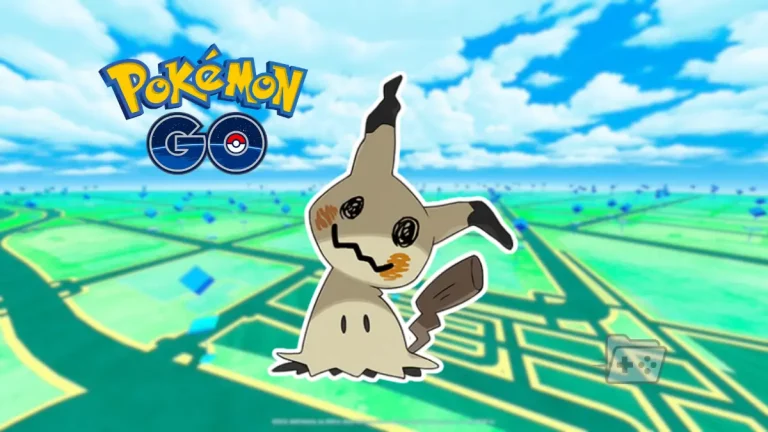 Mimikyu sobre un fondo de Pokémon GO y con el logo del juego al lado izquierdo.
