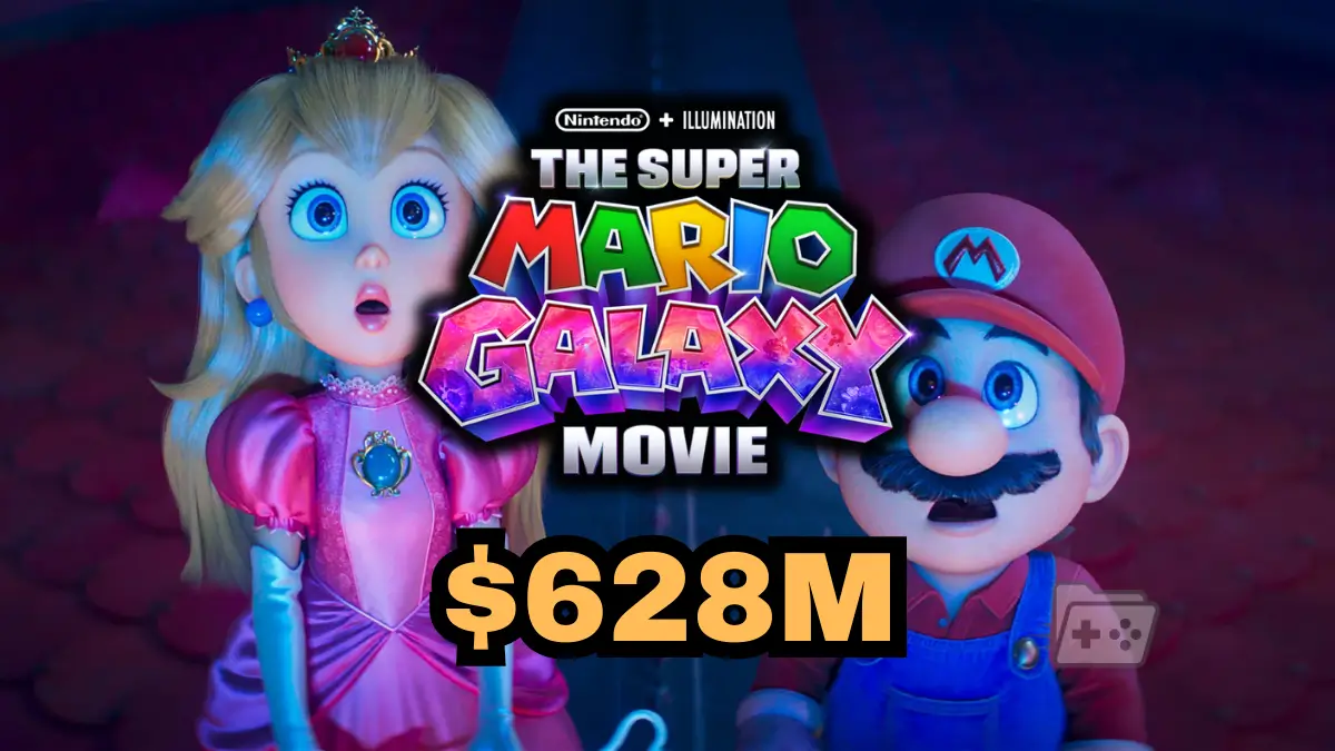 Edición con una captura de Super Mario Galaxy La Película que muestra a Mario y Peach Sorprendidos. Encima, el logotipo del filme y en texto $628M, el monto de box office que acaba de superar.
