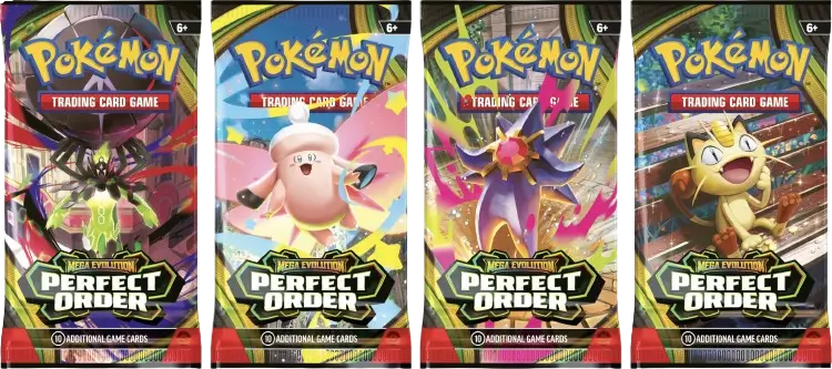 Los cuatro modelos de sobres disponibles en la expansión Perfect Order de Pokémon TCG.