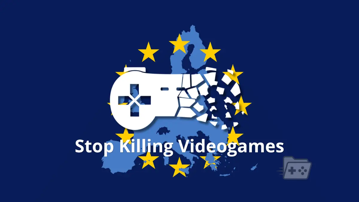 Logo del movimiento Stop Killing Videogames sobre las estrellas amarillas y fondo azul de la Unión Europea