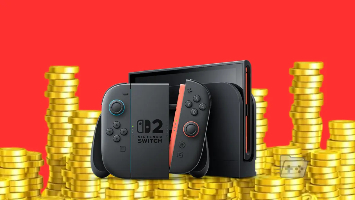 Edición que muestra una Nintendo Switch 2 en primer plano con pilas de monedas de Super Mario Bros. de fondo para graficar una posible subida de precios de la consola.