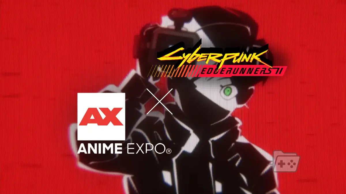 Logos de Cyberpunk: Edgerunners 2 y AnimeExpo sobre imagen promocional de la serie