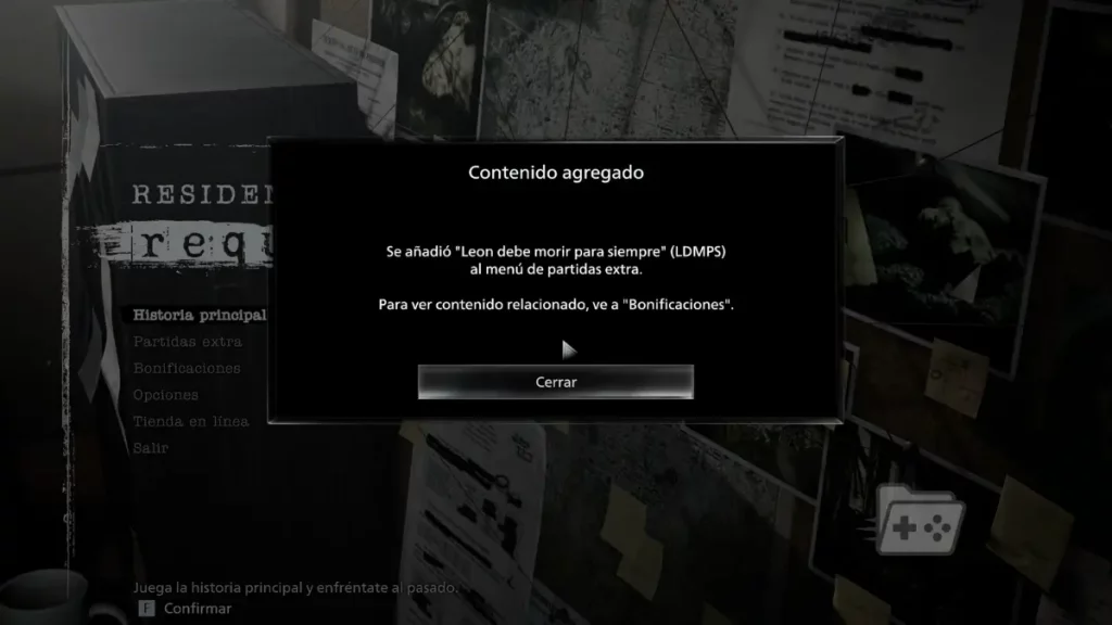 Captura de confirmación de que el Modo Leon Must Die Forever fue agregado a Resident Evil Requiem tras completar la campaña