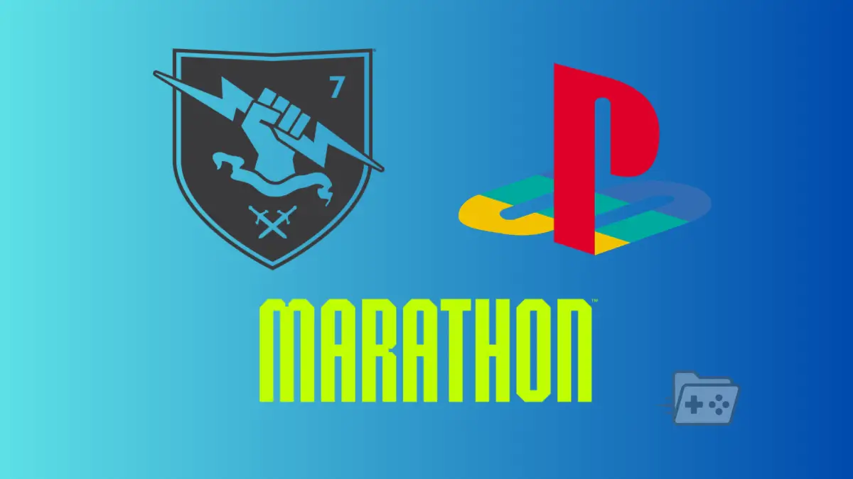 Logos de Sony PlayStation Bungie y Marathon sobre un fondo azul