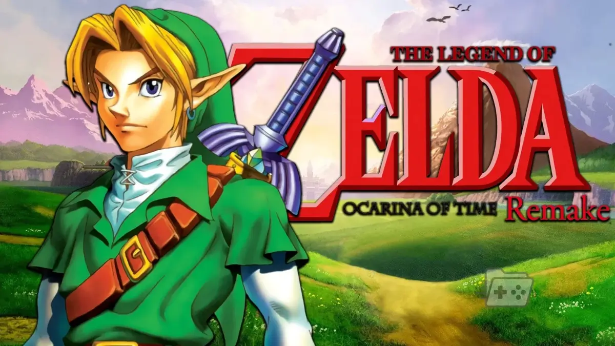Edicion de ocarina of time con el logo del juego y link