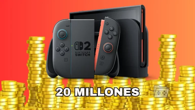 Nintendo Switch 2 sobre un fondo de monedas y debajo un texto que dice 20 millones