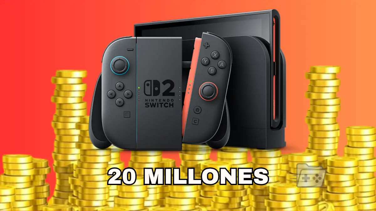 Nintendo Switch 2 sobre un fondo de monedas y debajo un texto que dice 20 millones
