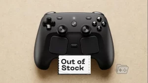 Fotografía oficial del Steam Controller con una etiqueta encima que dice Out of Stock