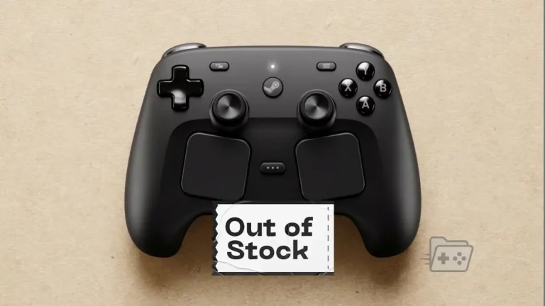 Fotografía oficial del Steam Controller con una etiqueta encima que dice Out of Stock