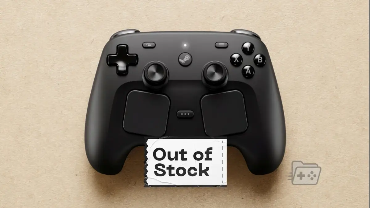 Fotografía oficial del Steam Controller con una etiqueta encima que dice Out of Stock