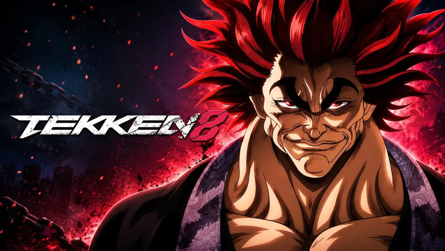 Arte promocional de Yujiro Hanma de Baki como nuevo personaje de Tekken 8