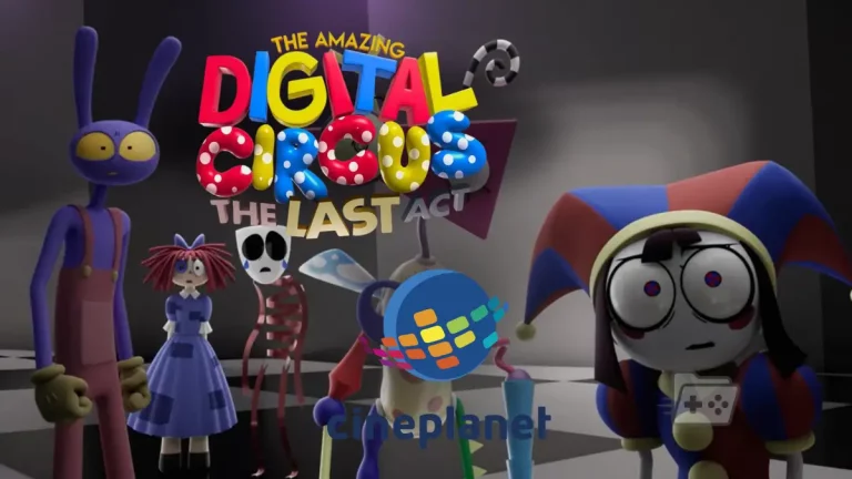 Foto de los personajes de Digital Circus con el logo de la película y Cineplanet