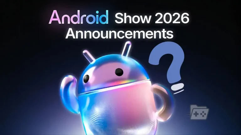 Mascota de Android con signo de interrogación sobre los anuncios del Android Show 2026.
