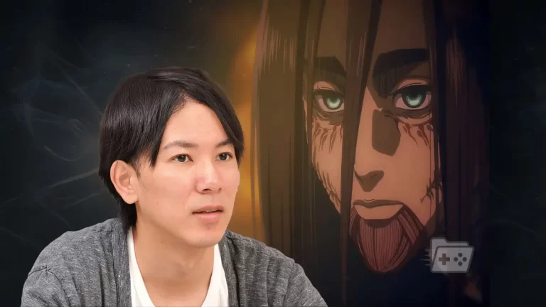 Captura de Eren en Attack on Titan con una foto de su autor, Isayama