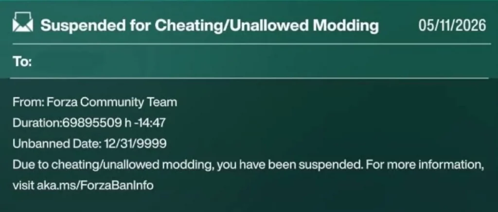 Captura que les aparece a los jugadores baneados por usar la versión filtrada de Forza Horizon 6