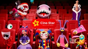 Imagen de los personajes de The Amazing Digital Circus con el logo de Cinestar Peru