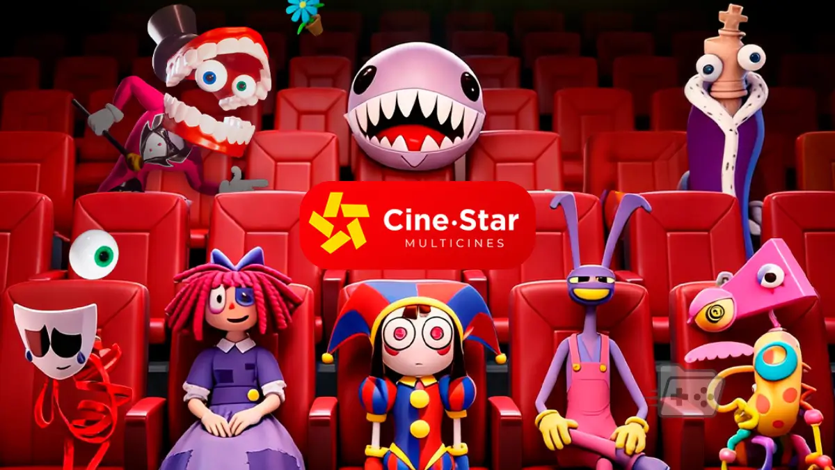 Imagen de los personajes de The Amazing Digital Circus con el logo de Cinestar Peru