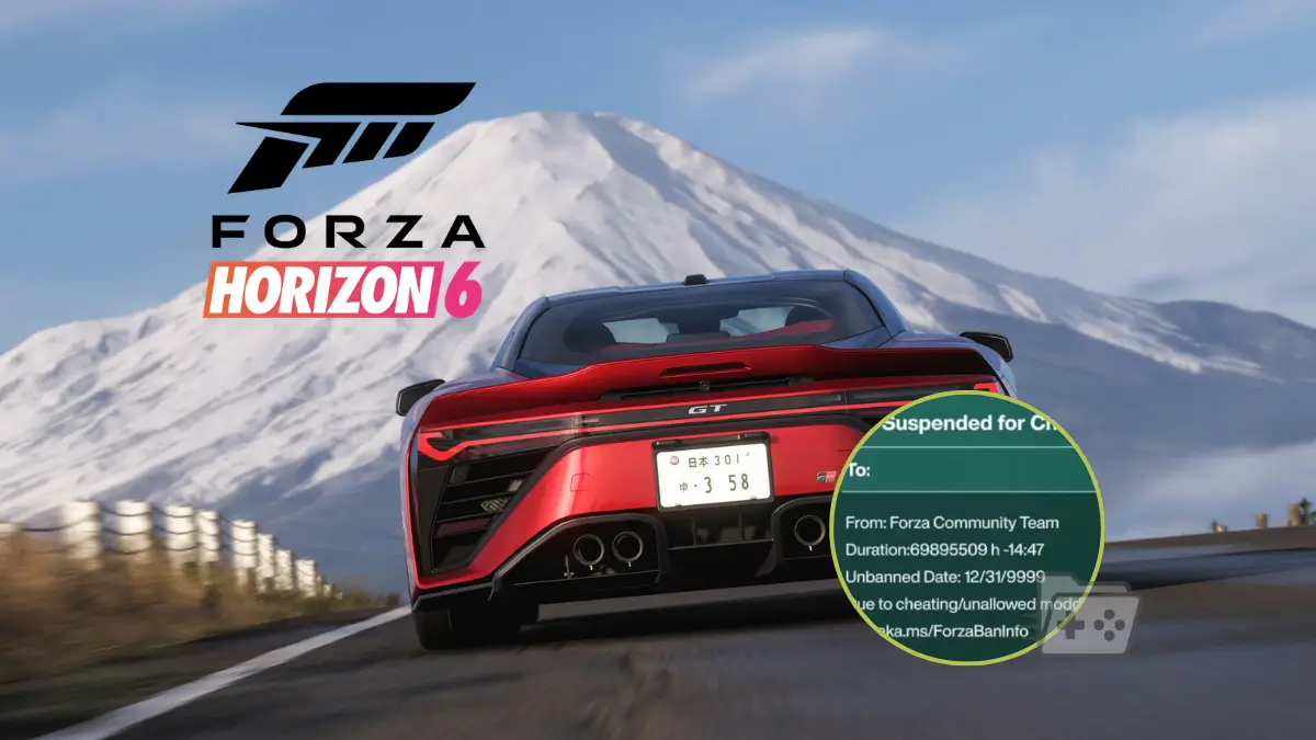 Imagen promocional de Forza Horizon 6 con la captura de mensaje de baneo