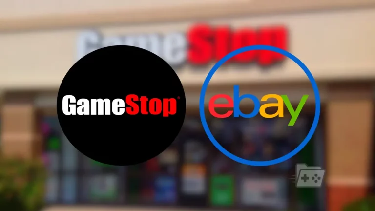Logos de GameStop y eBay sobre un fondo desenfocado de una tienda de GameStop