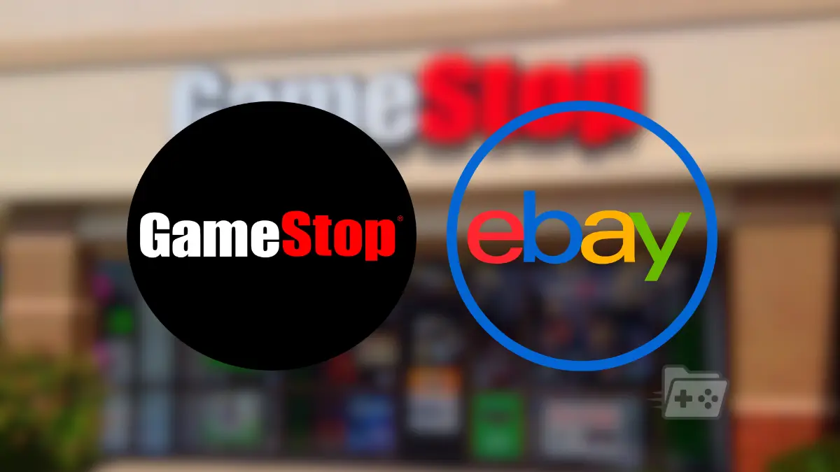 Logos de GameStop y eBay sobre un fondo desenfocado de una tienda de GameStop