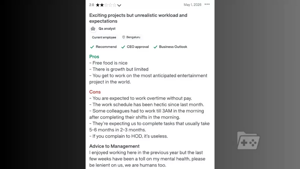 Captura de la reseña de Glassdoor que reporta crunch en Rockstar Bangalore para culminar con GTA 6