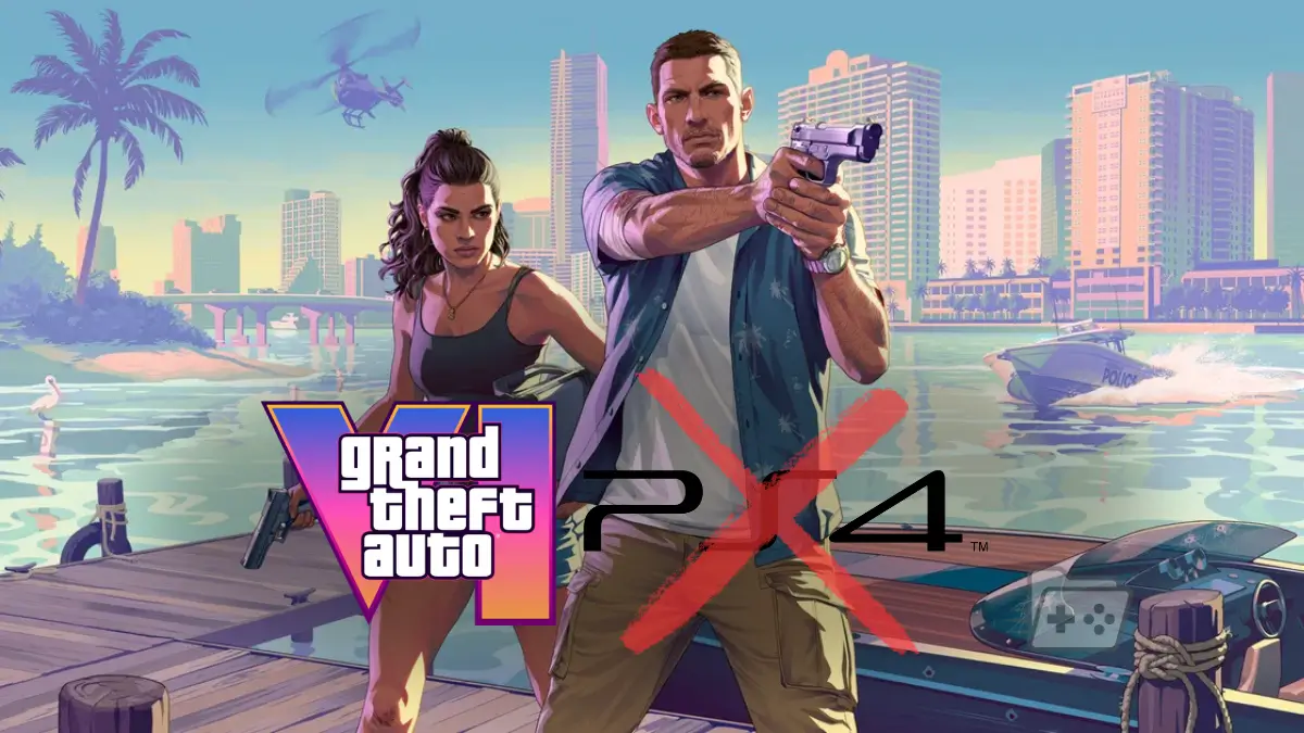 Portada de GTA 6 con los protagonistas Jason y Lucia, junto al logo del juego y el logo de PS4 tachado
