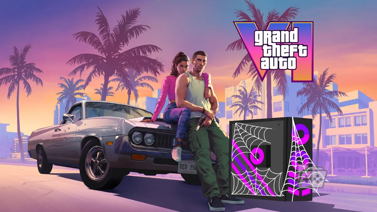 Los protagonistas de GTA 6 apoyados en un auto clásico junto a una PC gaming con telarañas