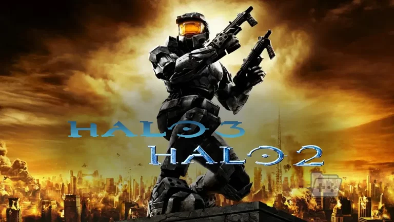 Master Chief de Halo armado sobre una ciudad en llamas.