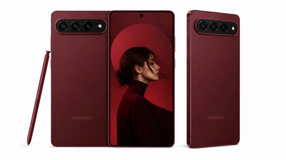 Samsung Galaxy S27 Ultra en color rojo granate visto de frente, trasera y lateral, con el S Pen junto al dispositivo y módulo de cámaras horizontal visible