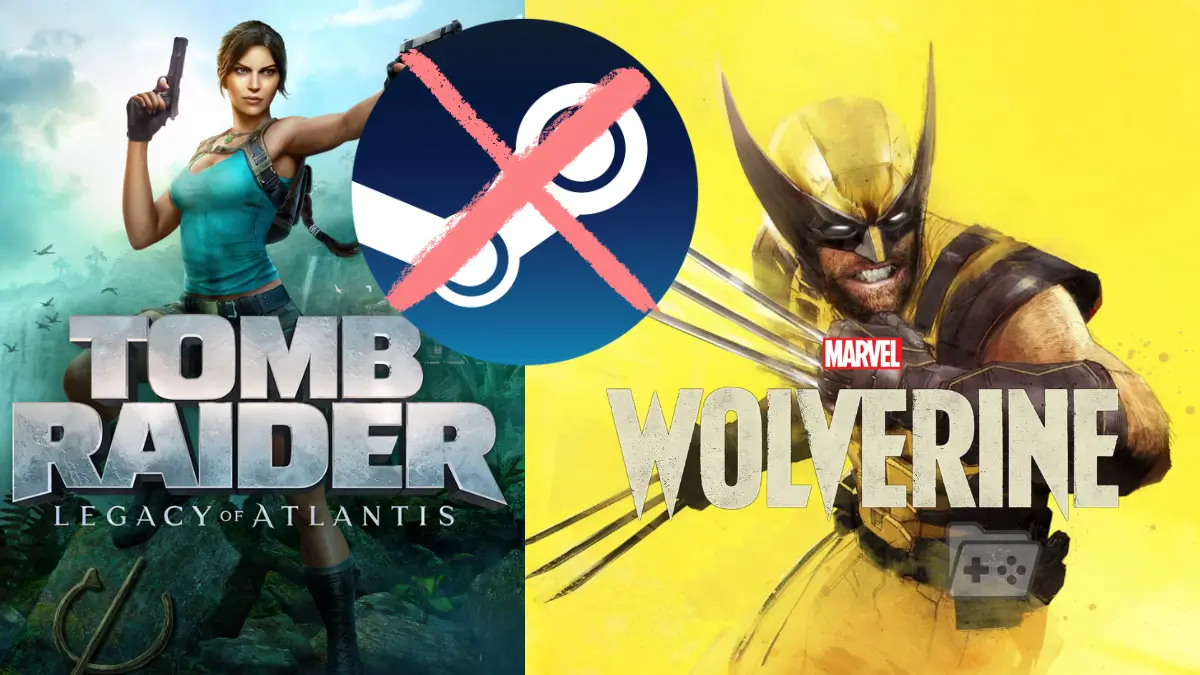 Portadas de Playstation, Tom Raider y Wolverine, con logo de Steam tachado