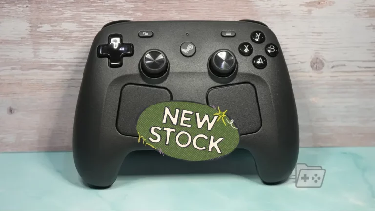 Steam Controller negro con trackpads y logo de Steam, anunciando una nueva ronda de reservas para el 8 de mayo.
