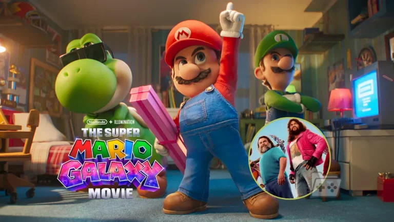 Captura de Super Mario Galaxy La Película y una imagen promocional de Minecraft a un lado