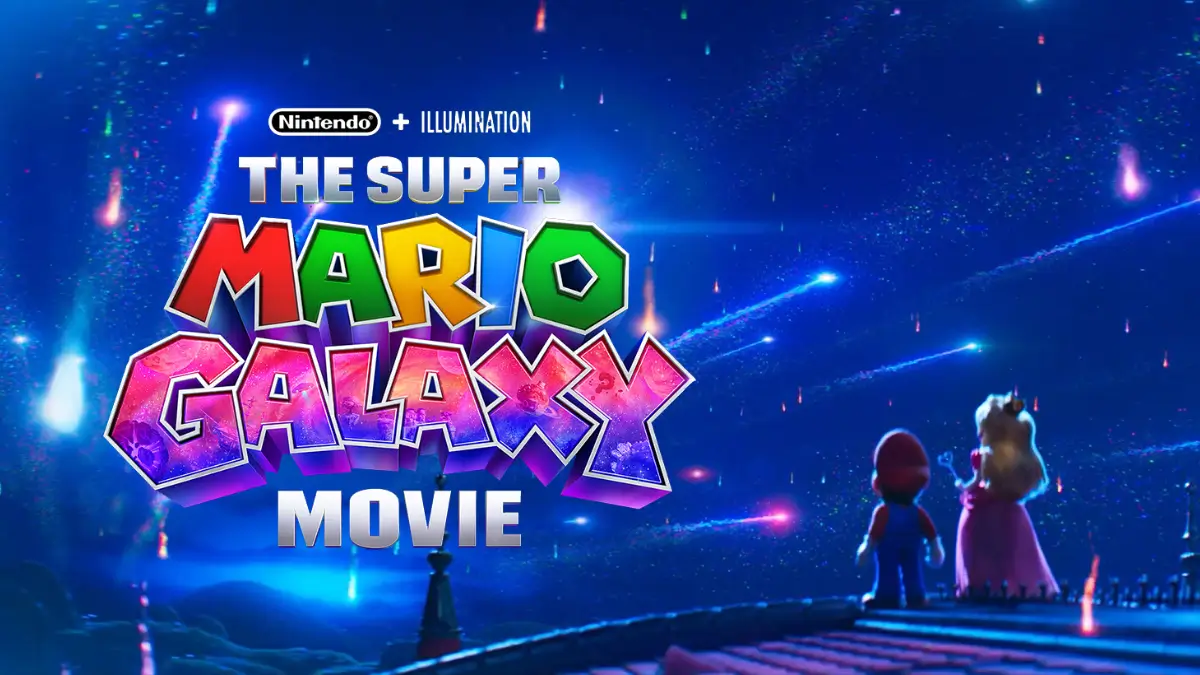 Imagen promocional de la pelicula de super mario galaxy con su logo encima