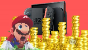 switch 2 de fondo con monedas y un mario sorprendido encima para reflejar el aumento de precios de la consola