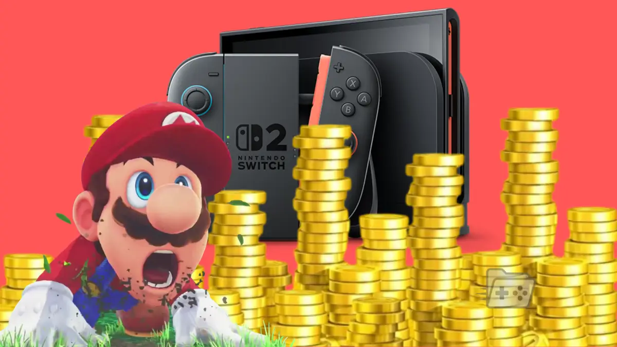 switch 2 de fondo con monedas y un mario sorprendido encima para reflejar el aumento de precios de la consola