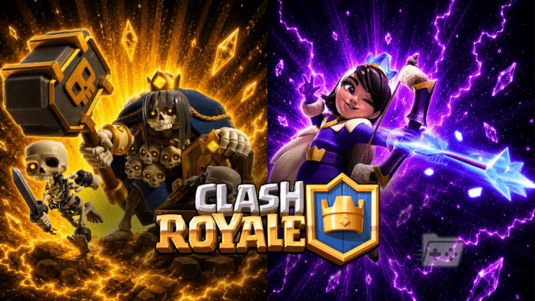 Imagen de la Lápida Héroe y la Princesa evolucionada sobre logo de Clash Royale