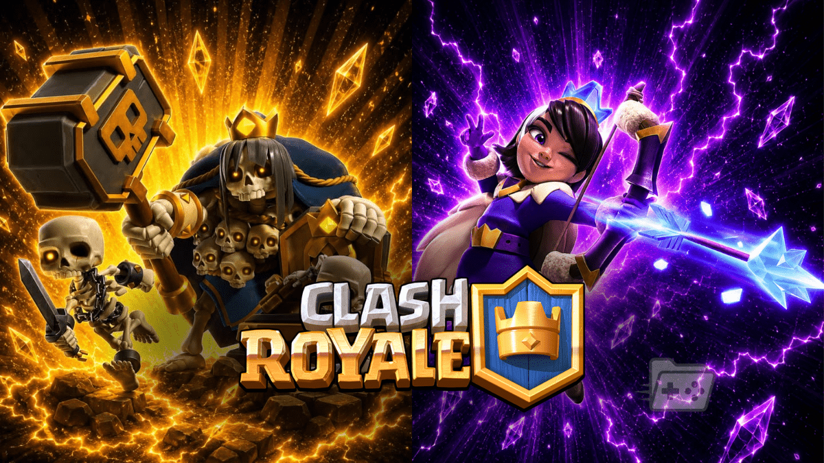 Imagen de la Lápida Héroe y la Princesa evolucionada sobre logo de Clash Royale