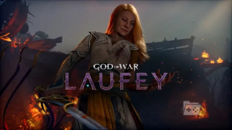 Logo de God of War Laufrey sobre imagen de la protagonista
