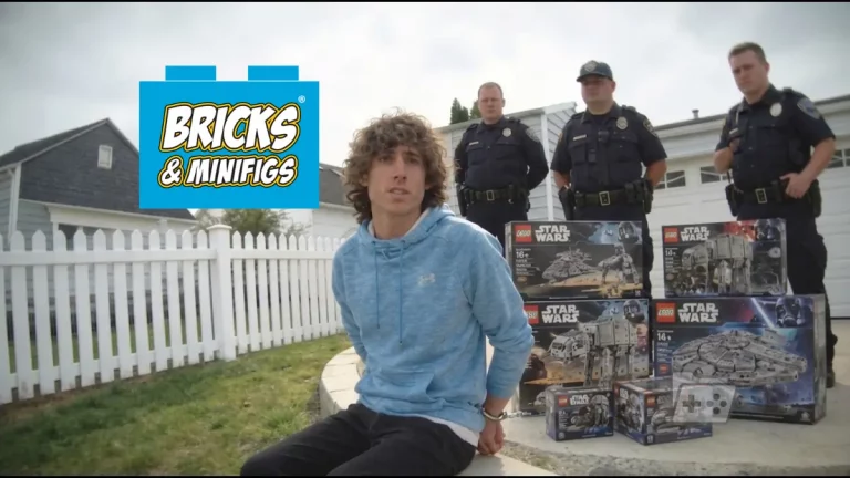 Edición de Reckless Ben siendo arrestado con cajas de lego star wars y el logo de bricks and minifigs