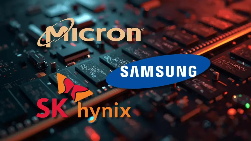 Logos de Micron Samsung y SK Hynix sobre un fondo de memoria ram
