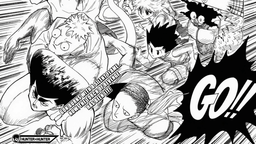 Escena de acción del manga Hunter x Hunter con Gon, Killua y el grito 'GO!!